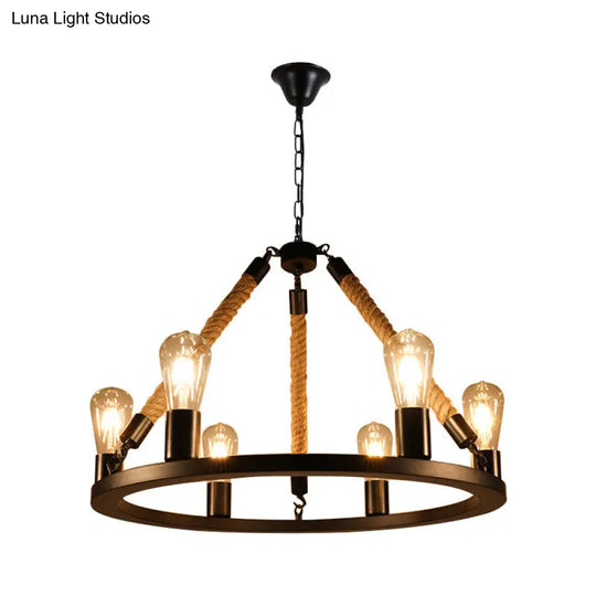 Industrial Open Bulb Metal Chandelier: 6/8-Light Black Pendant Lamp With Rope & Ring Design