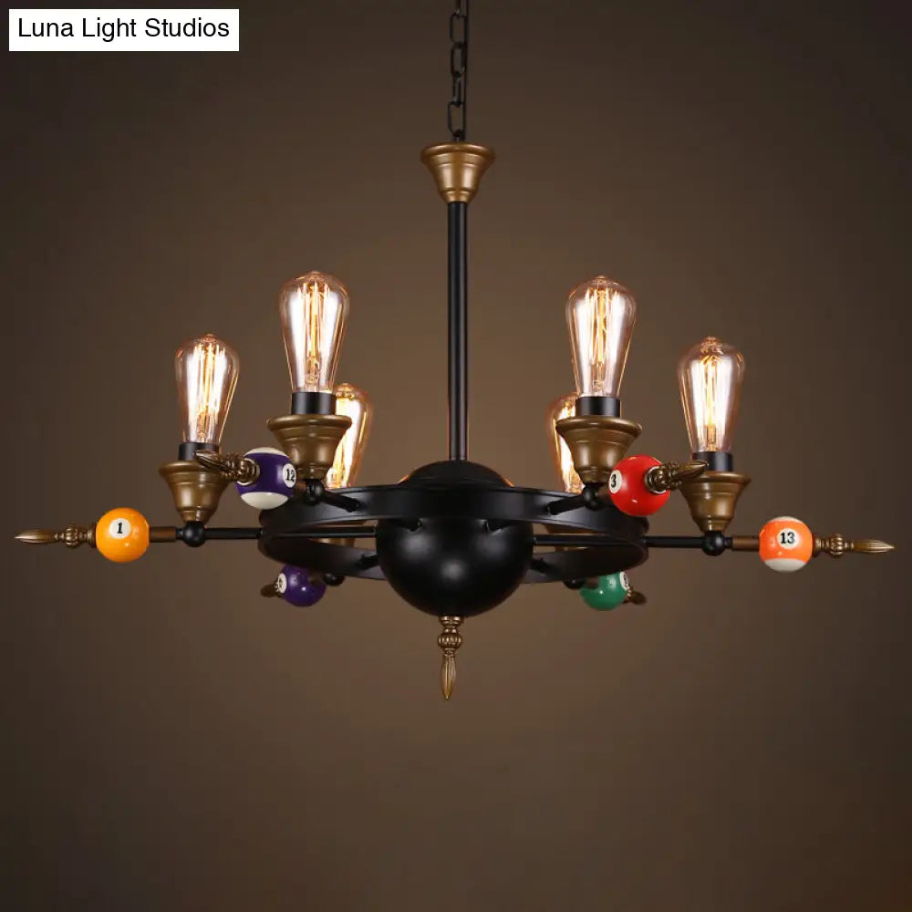Industrial Metal Chandelier Lighting - Exposed Bulb 4/6 Light Pendant In Black With Wheel Shelf 6 /
