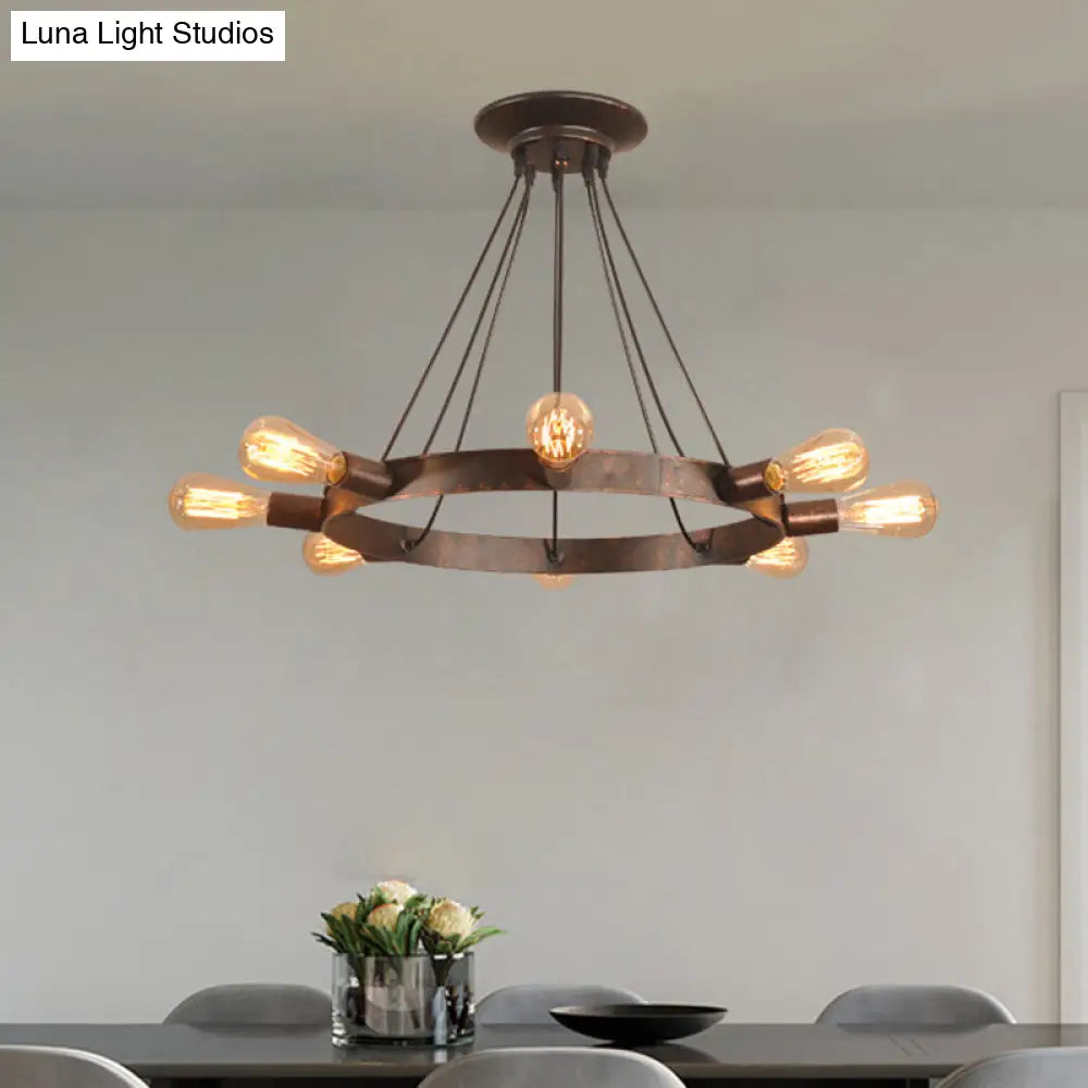 Industrial Metal Circle Design 8-Bulb Chandelier Pendant Light With Exposed Bulbs Brown
