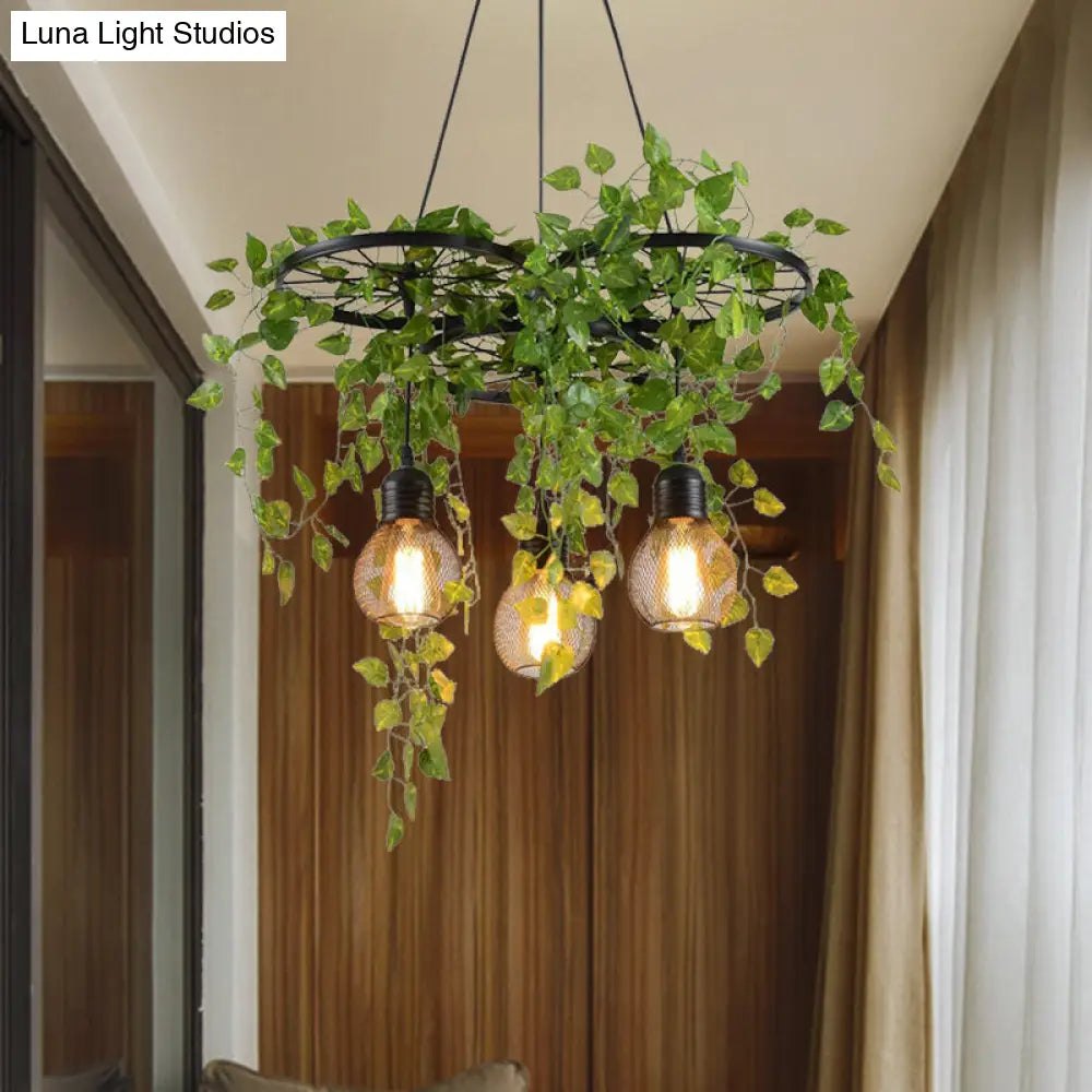 21.5/35.5 Metal Cluster Pendant Warehouse Black Wheel And Orb Cage Hanging Lamp With Green Vine For