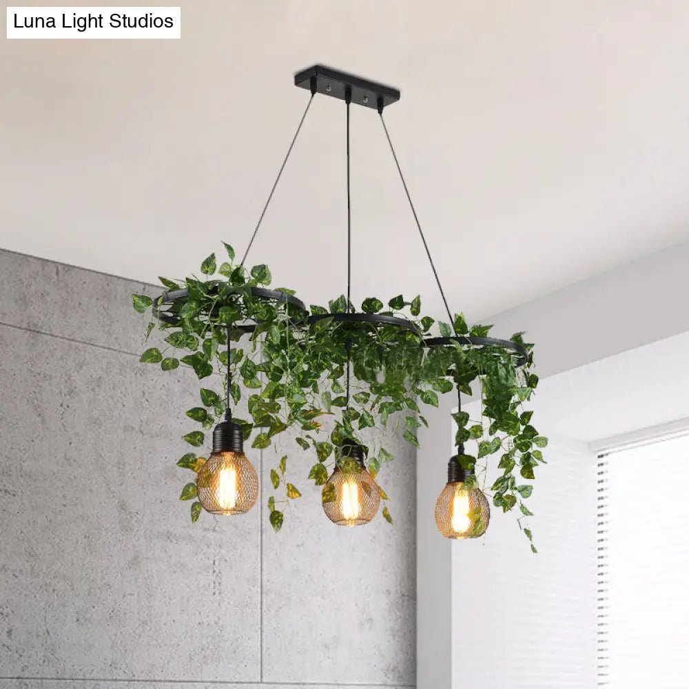 21.5/35.5 Metal Cluster Pendant Warehouse Black Wheel And Orb Cage Hanging Lamp With Green Vine For