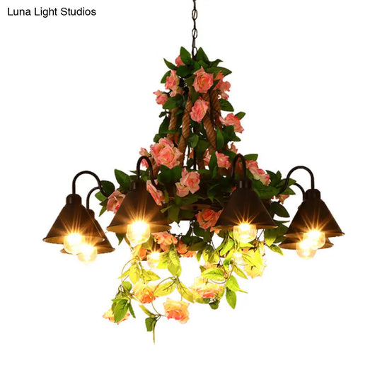 Industrial Metal Cone Chandelier Pendant Lamp With Led Lights And Flower Decoration For Restaurants