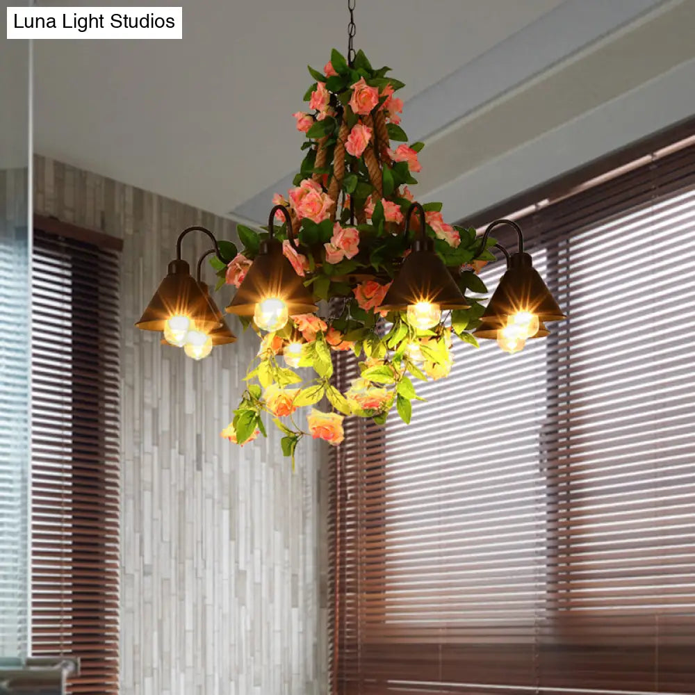 Industrial Metal Cone Chandelier - 6/8 Lights Black With Flower Decoration Led Ceiling Pendant For
