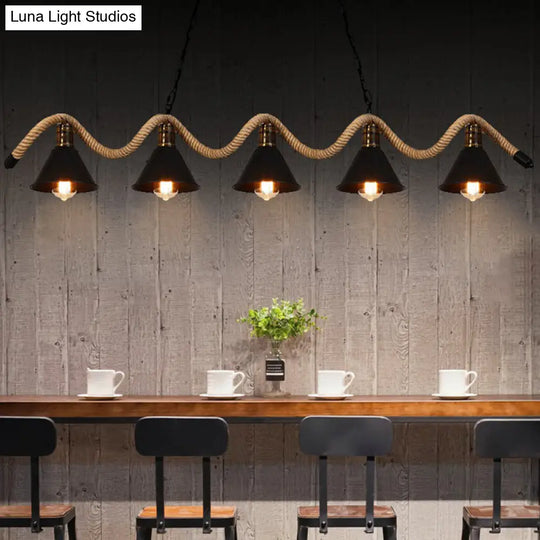 Industrial Metal Cone Island Pendant Light - Matte Black Finish With Twisted Rope Detailing