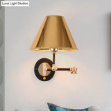 Industrial Metal Cone Wall Sconce With Swing Arm For Stylish Bedroom Lighting In Gold