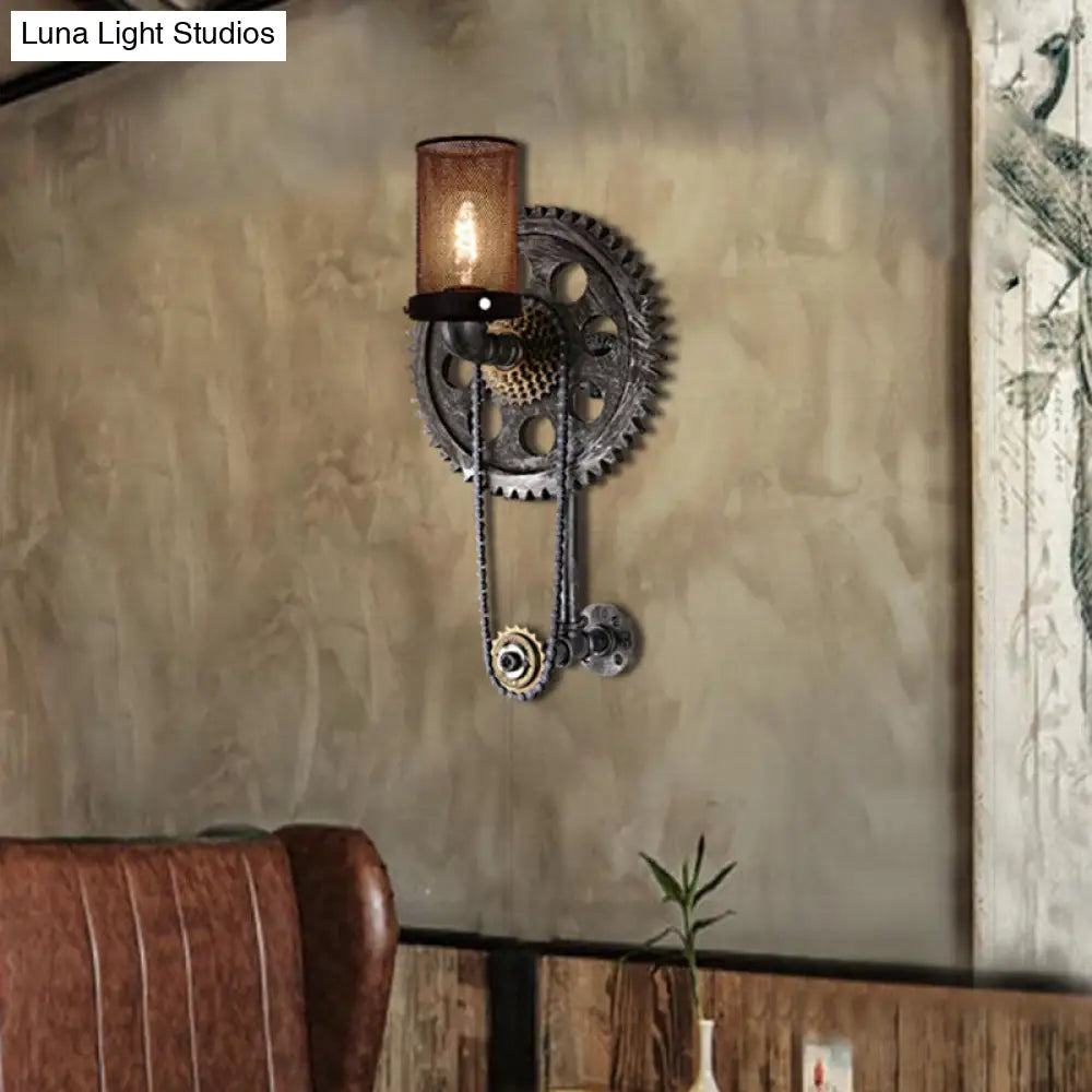 Industrial Metal Cylinder Wall Light: Vintage 1-Light Sconce Lamp With Antique Silver Finish And