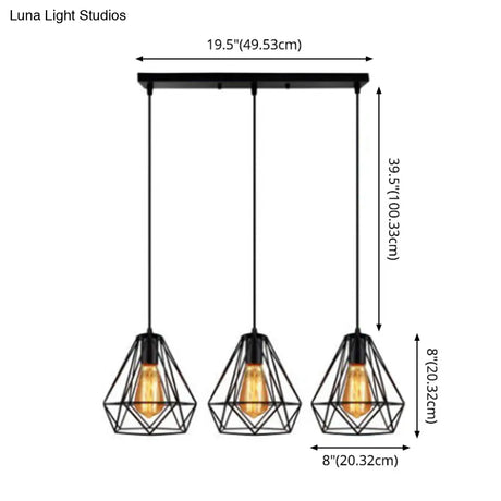 Industrial Metal Diamond Cage Pendant Light - Set Of 3 Multi Hanging Lights For Restaurants