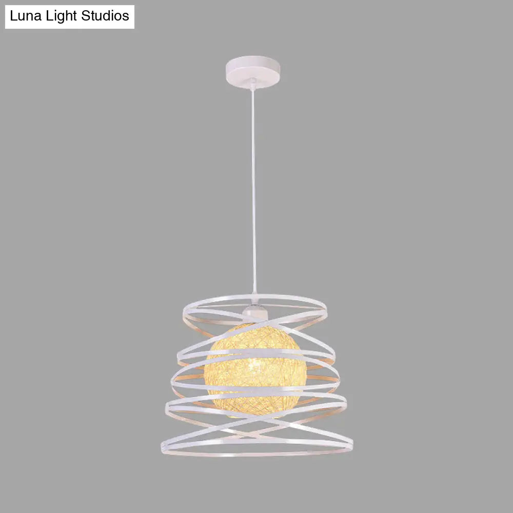 Industrial Metal Dining Room Pendant Light - Swirl Conic Style 1 Head White/Black Wire Frame