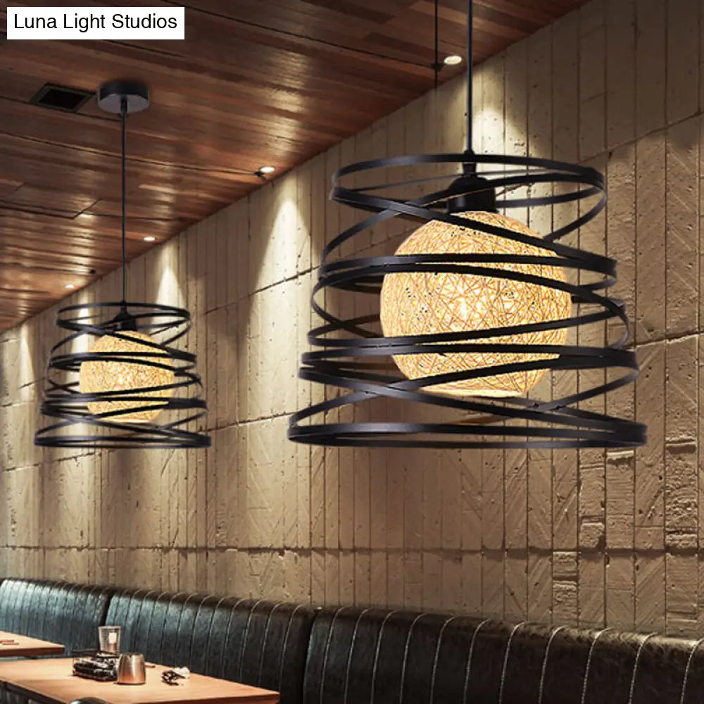 Industrial Metal Dining Room Pendant Light - Swirl Conic Style 1 Head White/Black Wire Frame Black