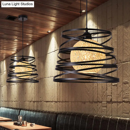 Industrial Metal Dining Room Pendant Light - Swirl Conic Style 1 Head White/Black Wire Frame Black