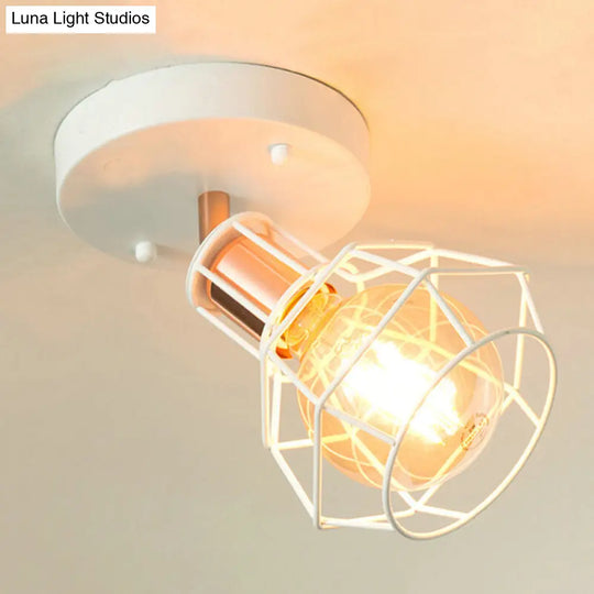 Industrial Metal Dome Ceiling Light With Wire Cage Shade - Black/White White