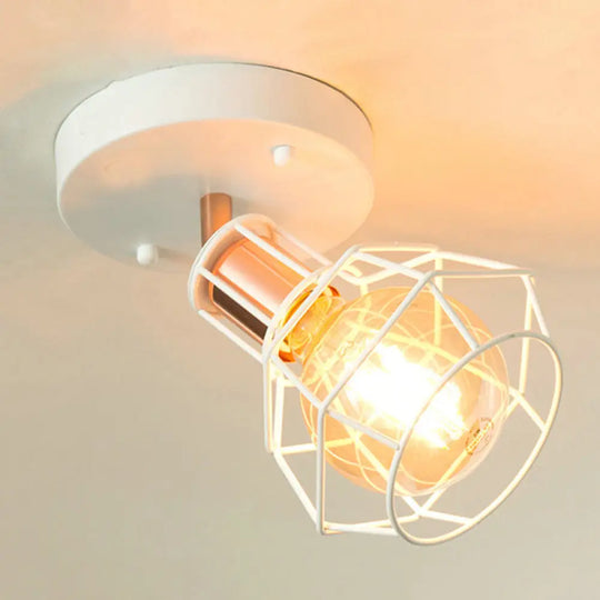 Industrial Metal Dome Ceiling Light With Wire Cage Shade - Black/White White