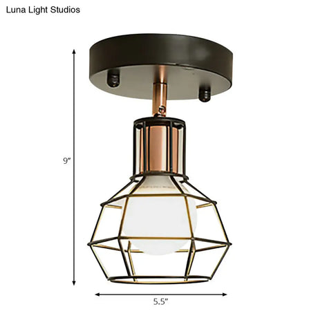 Industrial Metal Dome Ceiling Light With Wire Cage Shade - Black/White