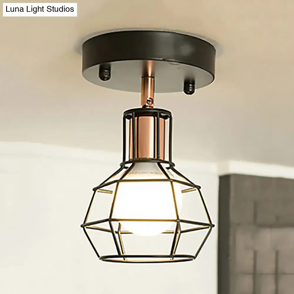 Industrial Metal Dome Ceiling Light With Wire Cage Shade - Black/White Black