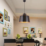Industrial Metal Drum Shade Ceiling Fixture - 1 Light Black Suspension Lamp For Dining Tables