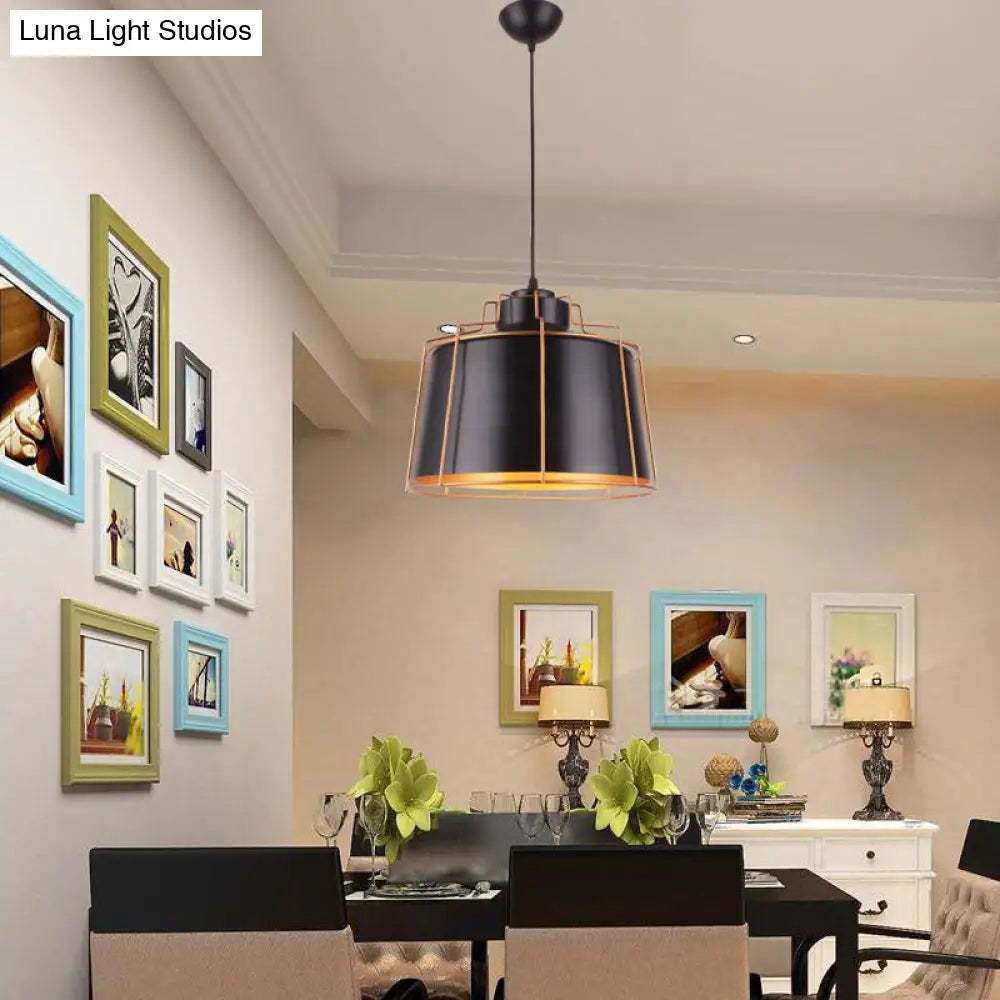 Metal Drum Shade Ceiling Fixture - Industrial 1-Light Suspension Lamp (Black) Black