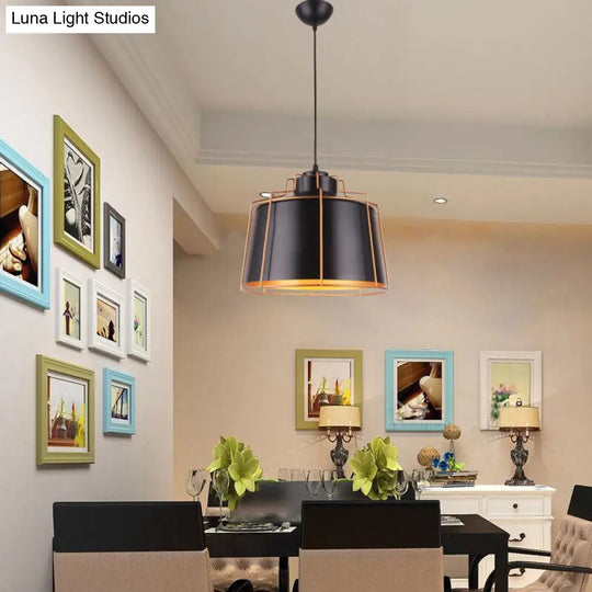 Metal Drum Shade Ceiling Fixture - Industrial 1-Light Suspension Lamp (Black) Black