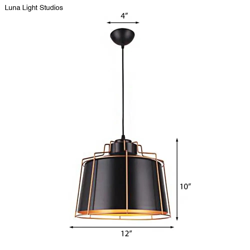 Industrial Metal Drum Shade Ceiling Fixture - 1 Light Black Suspension Lamp For Dining Tables