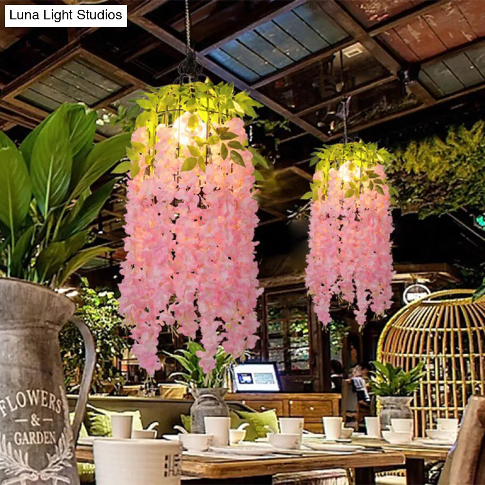 Industrial Metal Flower Pendant Light With Pink/Yellow Led - Ceiling Lamp For Restaurant