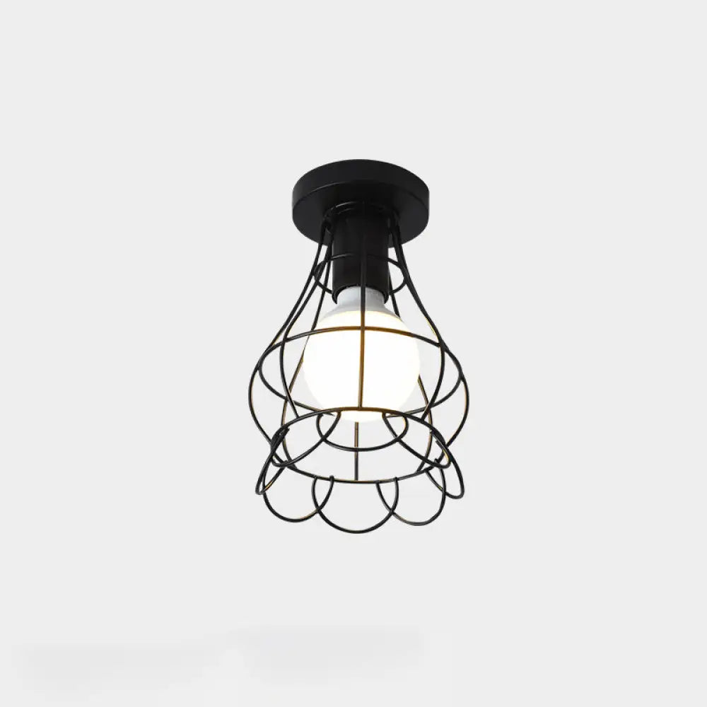 Industrial Metal Flush Ceiling Light Fixture - Cage Style Small Aisle 1 Head Black Flushmount