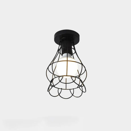 Industrial Metal Flush Ceiling Light Fixture - Cage Style Small Aisle 1 Head Black Flushmount