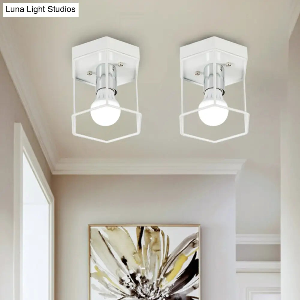 Industrial Metal Flush Light Fixture - 1 Black/White Triangle/Hexagon Design Living Room Ceiling