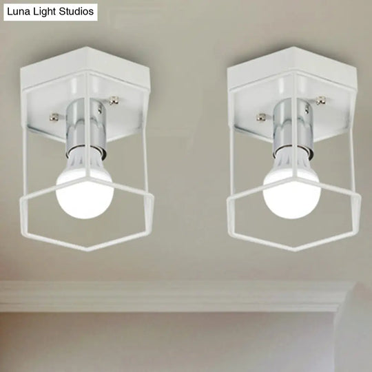 Industrial Metal Flush Light Fixture - 1 Black/White Triangle/Hexagon Design Living Room Ceiling