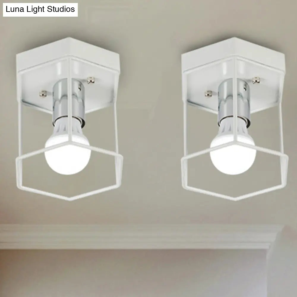 Industrial Metal Flush Light Fixture - 1 Black/White Triangle/Hexagon Design Living Room Ceiling