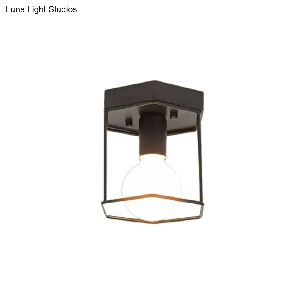 Industrial Metal Flush Light Fixture - 1 Black/White Triangle/Hexagon Design Living Room Ceiling