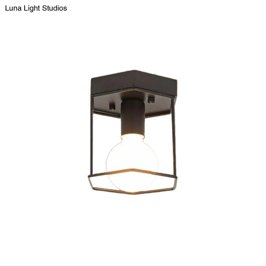 Industrial Metal Flush Light Fixture - 1 Black/White Triangle/Hexagon Design Living Room Ceiling