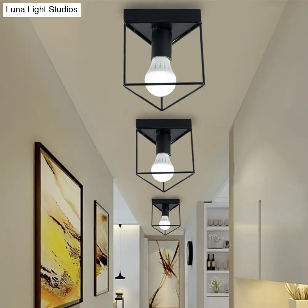 Industrial Metal Flush Light Fixture - 1 Black/White Triangle/Hexagon Design Living Room Ceiling
