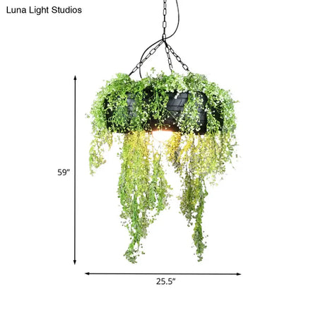 Industrial Metal Hanging Lamp Kit - Tyre Dining Room Ceiling Fixture With Vine-Inspired Fake Deco