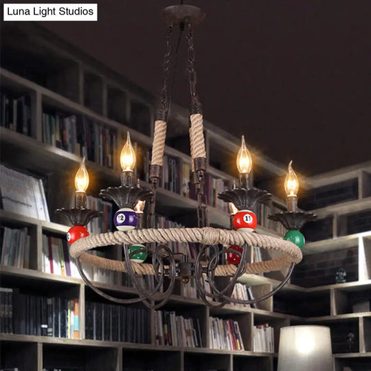 Industrial Metal Chandelier With Roped Ring Bar And Billiard Ball Décor - 3/6 Lights Rust Hanging