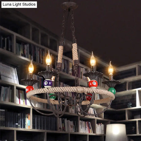 Industrial Metal Hanging Lamp: Roped Ring Bar 3/6 Lights Rust Chandelier With Billiard Ball