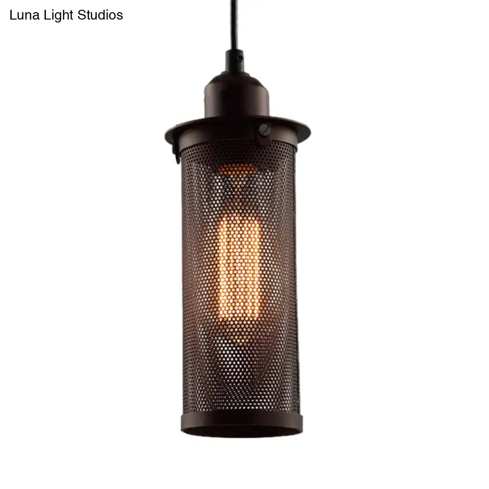 Industrial Metal Hanging Pendant Lamp With Mesh Cage Shade - Black/Rust Finish