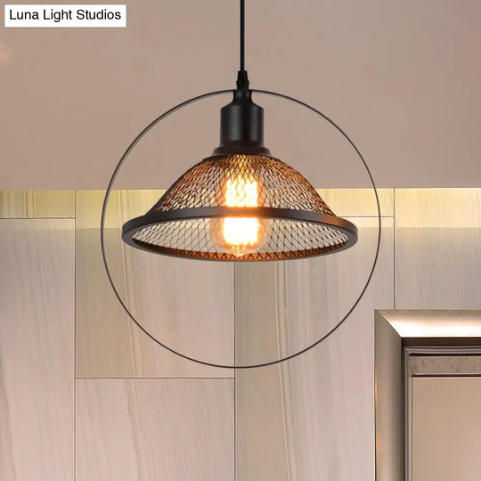 Industrial Metal Hanging Pendant Light In Black For Living Room - Single Bell/Dome Design