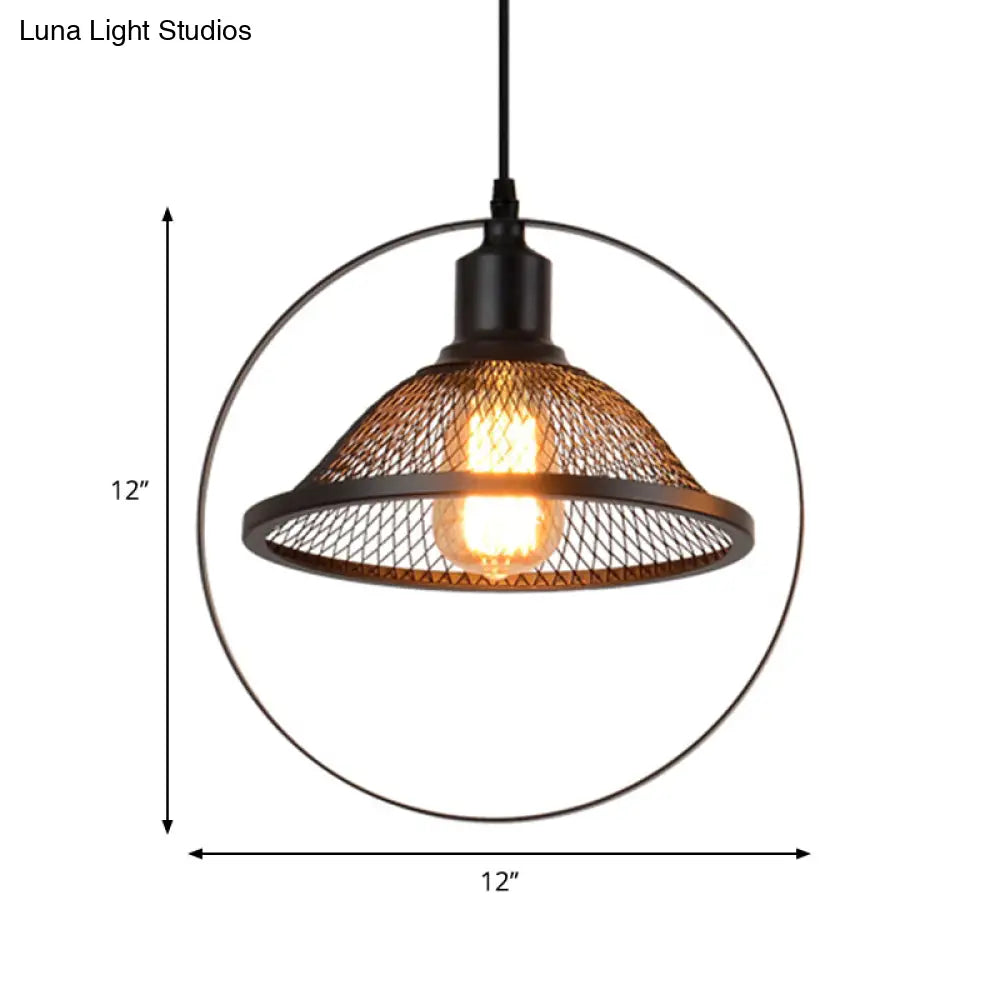 Industrial Metal Hanging Pendant Light In Black For Living Room - Single Bell/Dome Design