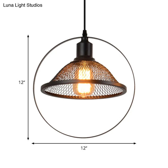 Industrial Metal Hanging Pendant Light In Black For Living Room - Single Bell/Dome Design