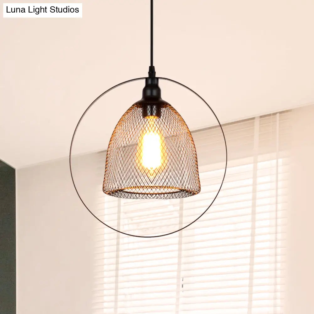 Industrial Metal Hanging Pendant Light In Black For Living Room - Single Bell/Dome Design