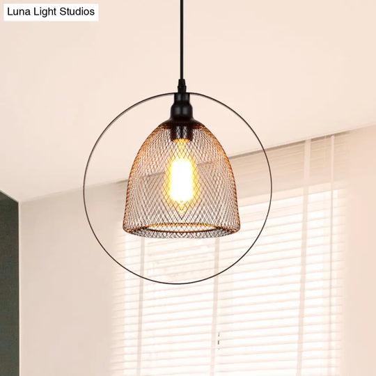 Industrial Metal Hanging Pendant Light In Black For Living Room - Single Bell/Dome Design