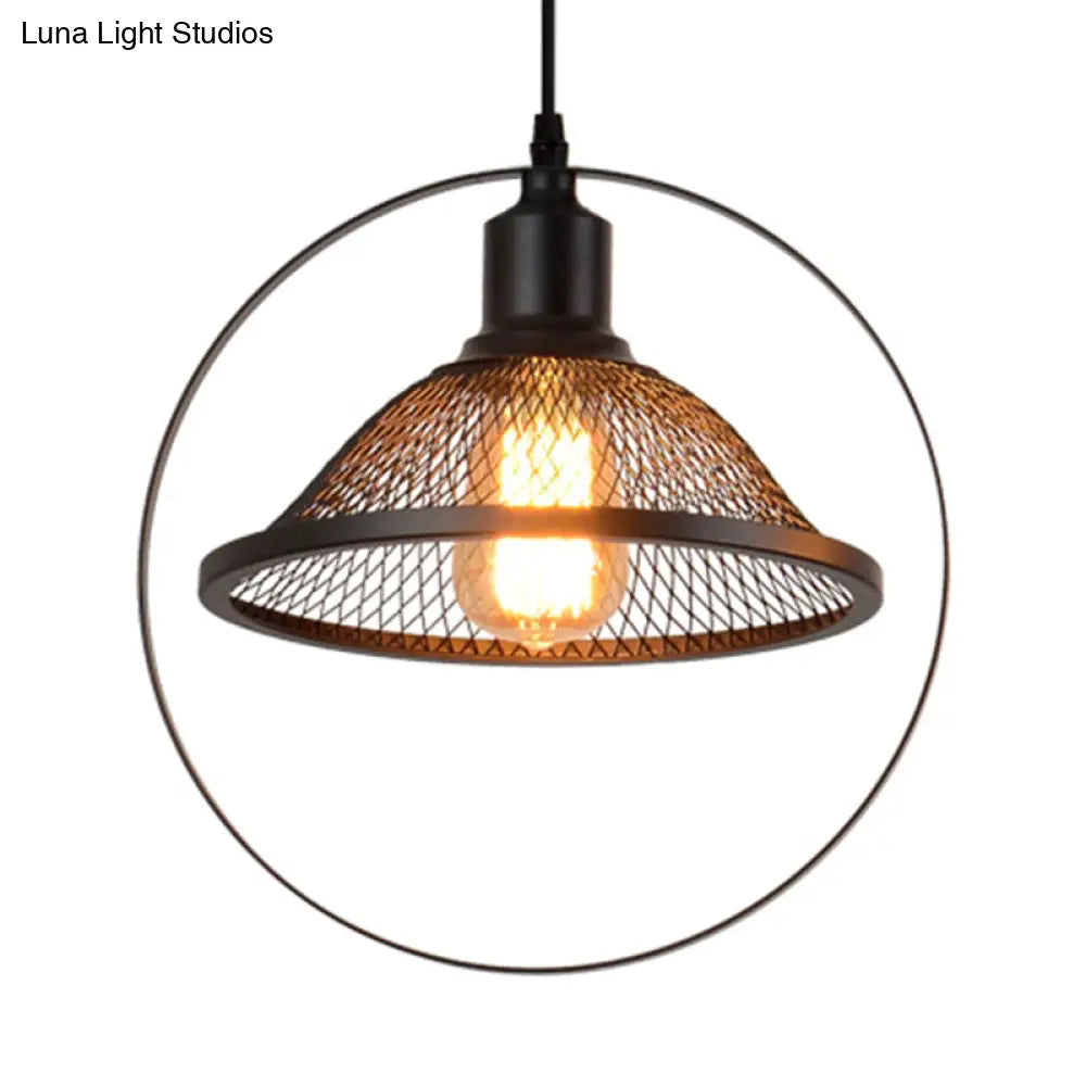 Industrial Metal Hanging Pendant Light In Black For Living Room - Single Bell/Dome Design