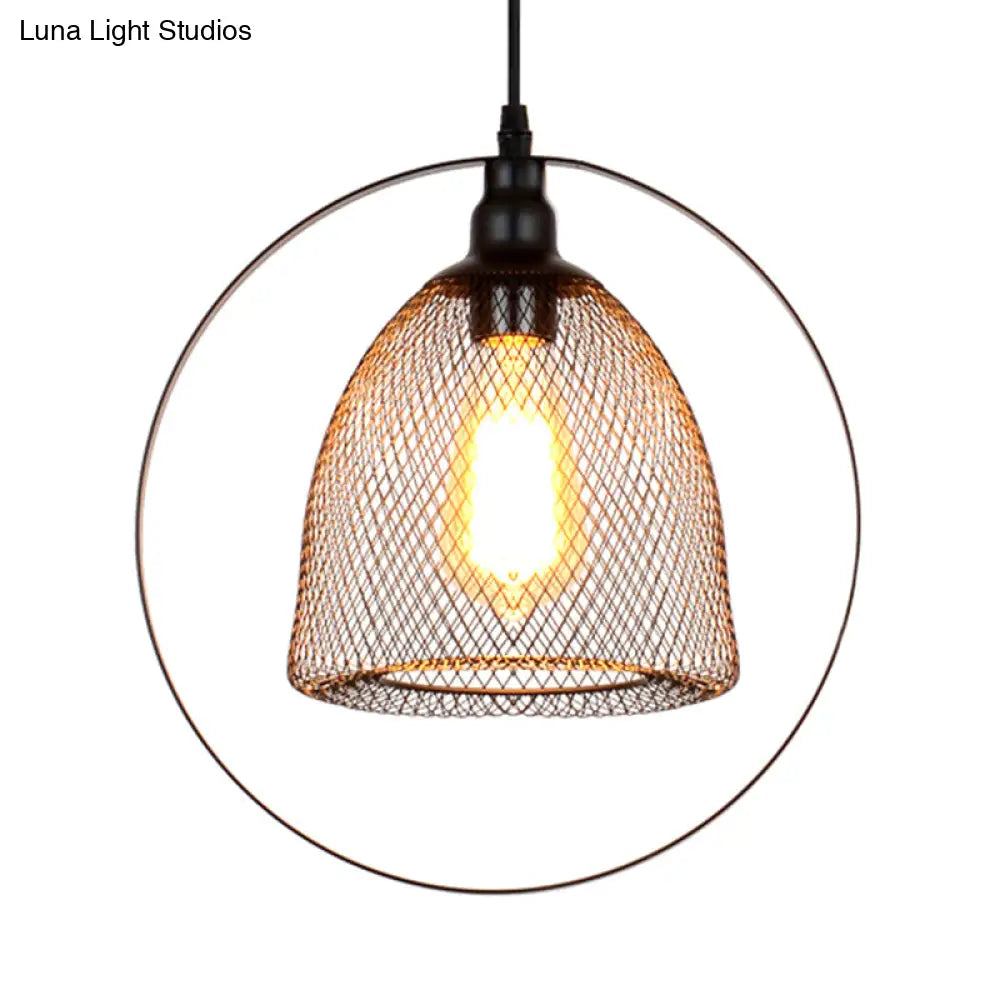 Industrial Metal Hanging Pendant Light In Black For Living Room - Single Bell/Dome Design
