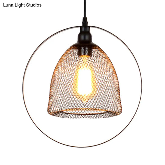 Industrial Metal Hanging Pendant Light In Black For Living Room - Single Bell/Dome Design