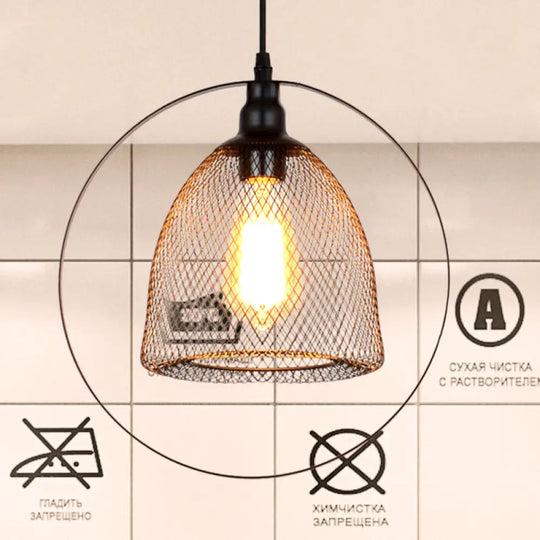 Industrial Metal Hanging Pendant Light In Black For Living Room - Single Bell/Dome Design / Dome
