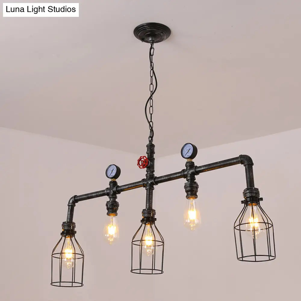 Industrial Metal Island Lighting With 5 Lights Suspension Light In Black: Pipe And Gauge Design Cage