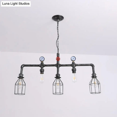 Industrial Metal Island Lighting With 5 Lights Suspension Light In Black: Pipe And Gauge Design Cage