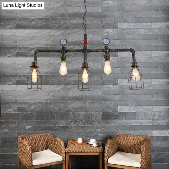 Industrial Metal Island Lighting With 5 Lights Suspension Light In Black: Pipe And Gauge Design Cage