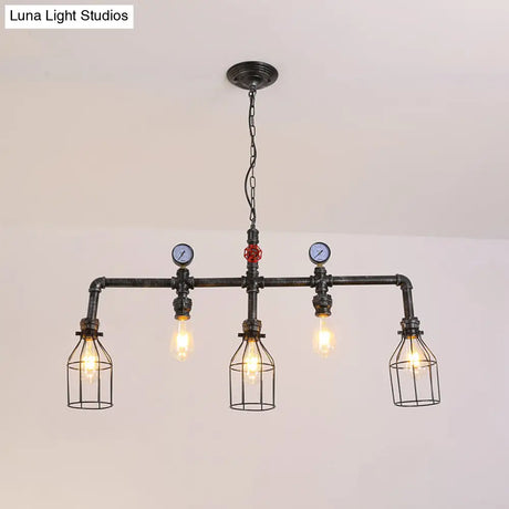 Industrial Metal Island Lighting With 5 Lights Suspension Light In Black: Pipe And Gauge Design Cage