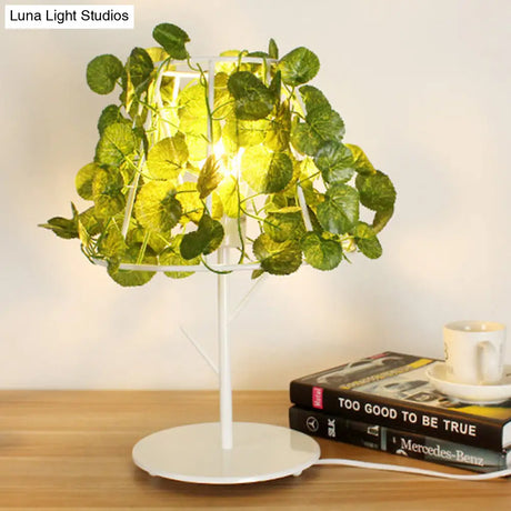 Industrial Metal Nightstand Lamp With White Conical Shade And Plant Decoration