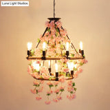 Industrial Metal Pendant Chandelier With Flower Decoration - 6/8/14-Head Pink Ceiling Light